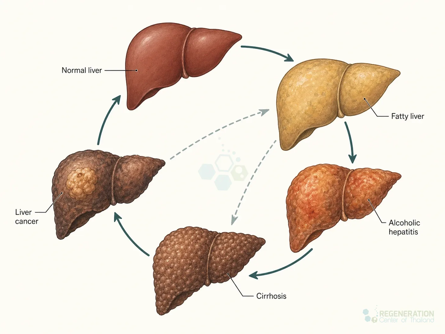 Diagram showing progression from fatty liver and alcoholic hepatitis to cirrhosis and liver cancer for Alcohol Hepatitis & Stem Cells for Alcohol-related liver disease ARLD.