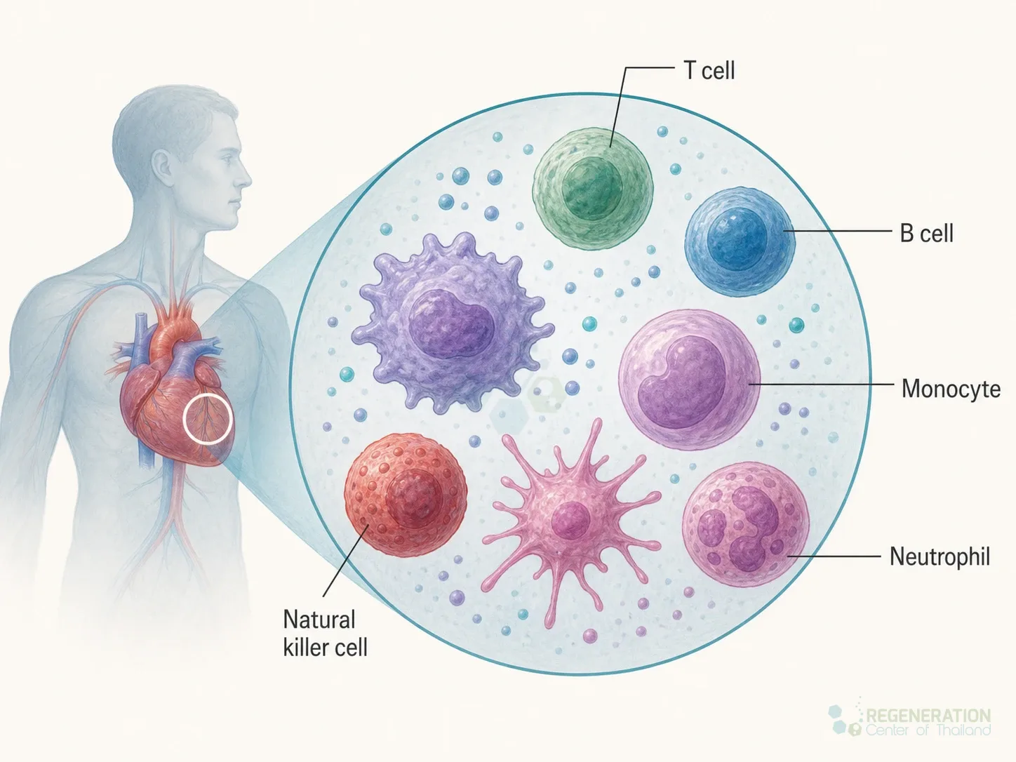 Diagram connecting immune cells and cytokines with dilated cardiomyopathy for Cardiopoietic Stem Cell Treatment for Dilated Cardiomyopathy (DCM