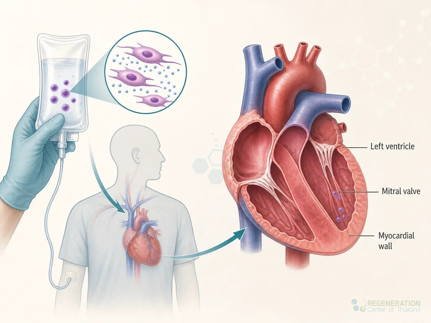 Diagram illustrating a UC MSC+ protocol for dilated cardiomyopathy for Cardiopoietic Stem Cell Treatment for Dilated Cardiomyopathy (DCM