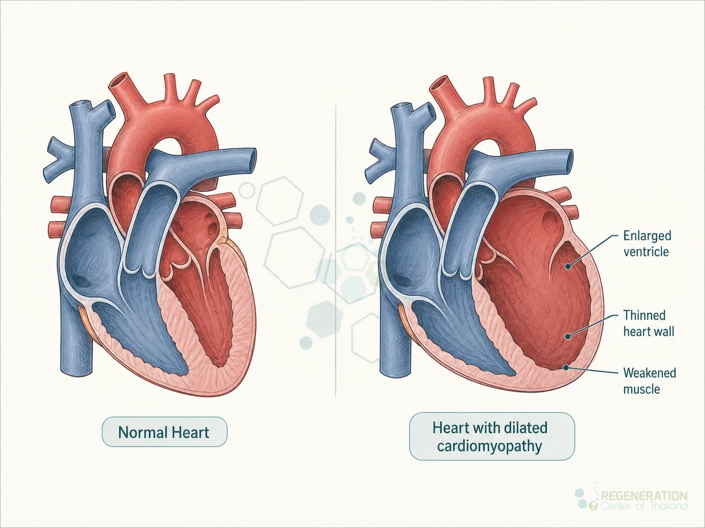 Diagram comparing a normal heart with enlarged ventricles in dilated cardiomyopathy for Cardiopoietic Stem Cell Treatment for Dilated Cardiomyopathy (DCM