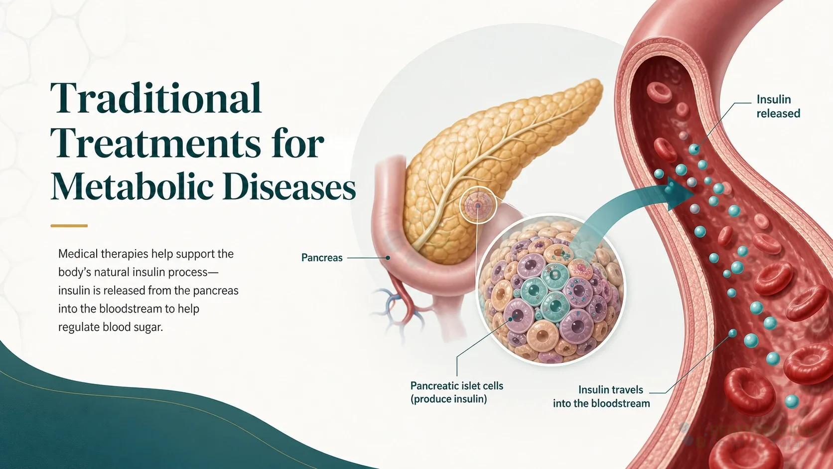 Medical illustration of insulin release from pancreatic islet cells into the bloodstream for Causes, Symptoms & Stem Cell Treatment for Metabolic Diseases.