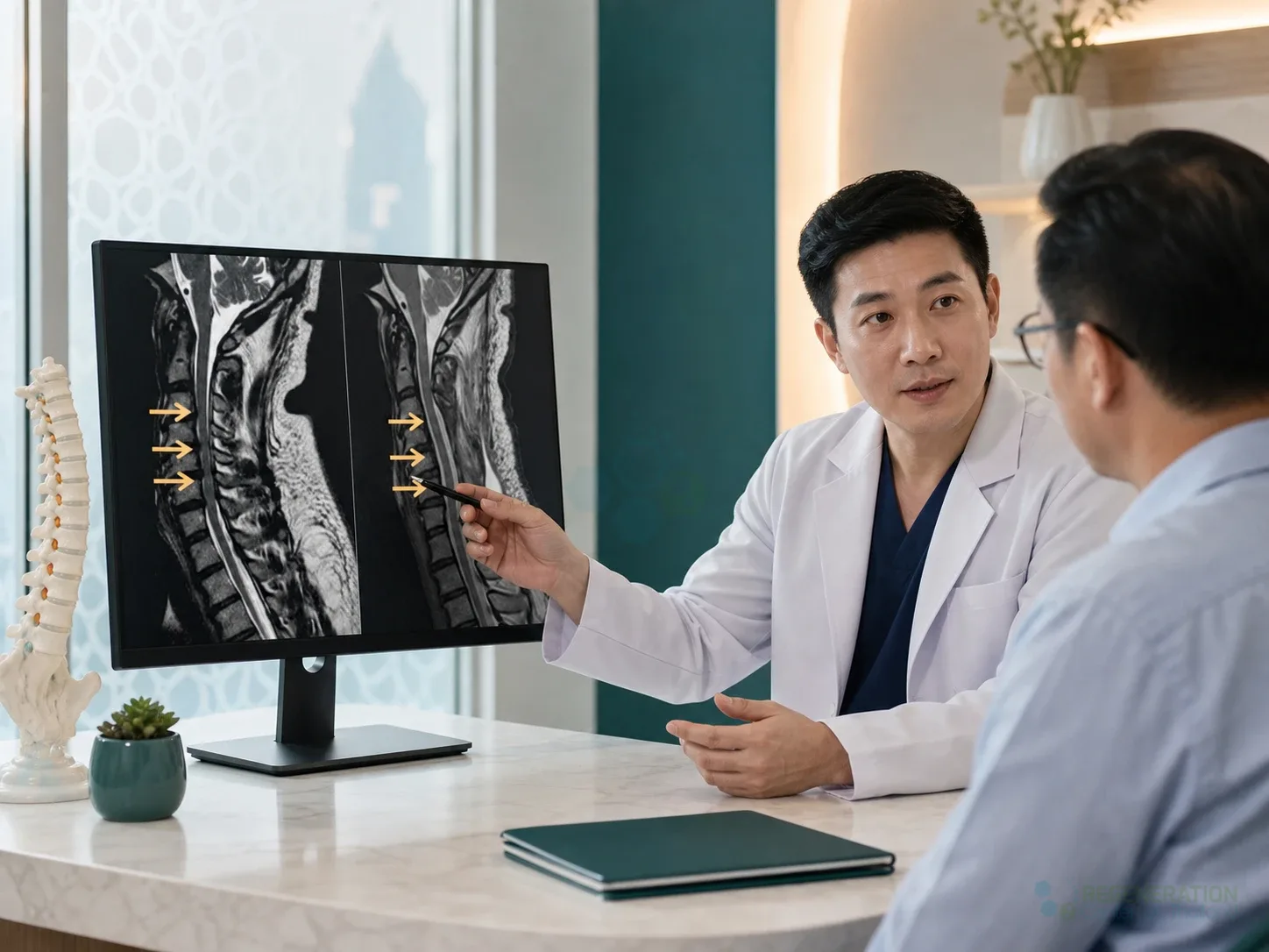 Cervical spine MRI comparison with arrows marking areas of stenosis for Enhanced Stem Cell Treatment for Spinal Stenosis