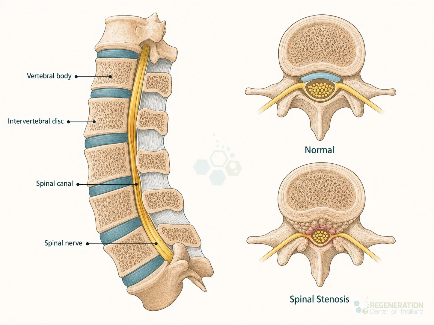 Diagram comparing a normal spinal canal with spinal stenosis for Enhanced Stem Cell Treatment for Spinal Stenosis