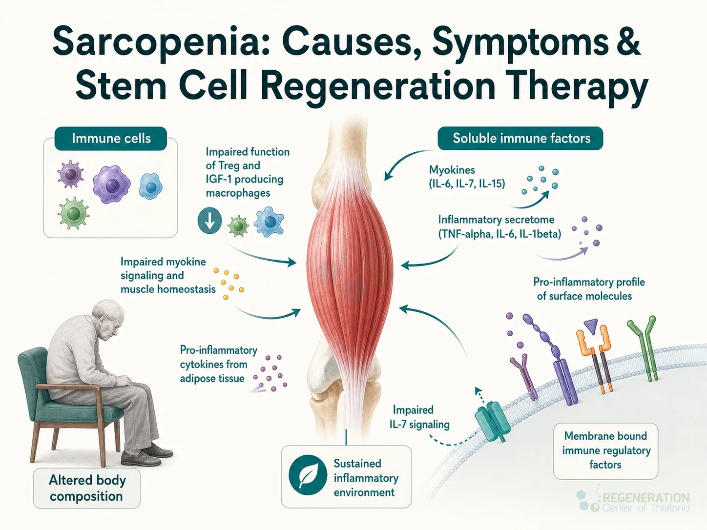 Diagram showing immune and inflammatory pathways associated with aging muscle for Sarcopenia: Causes, Symptoms & Stem Cell Regeneration Therapy.