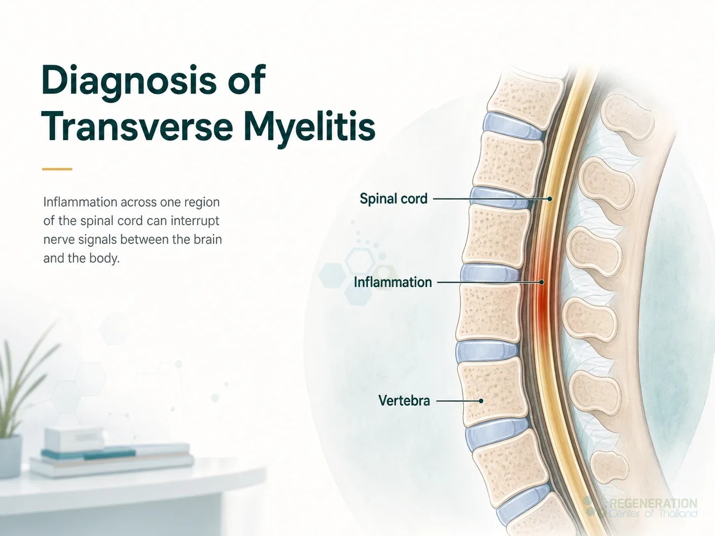 Illustration showing inflammation of the spinal cord in transverse myelitis for Spine Inflammation & Stem Cell Therapy for Transverse Myelitis.
