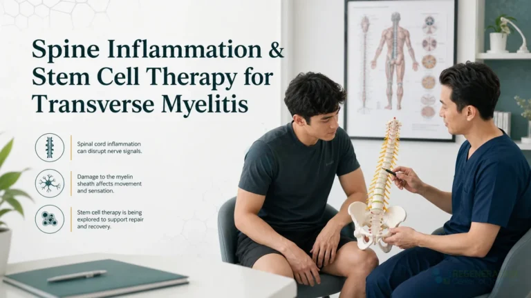 Physician using an anatomical spine model during a spinal health consultation for Spine Inflammation & Stem Cell Therapy for Transverse Myelitis.