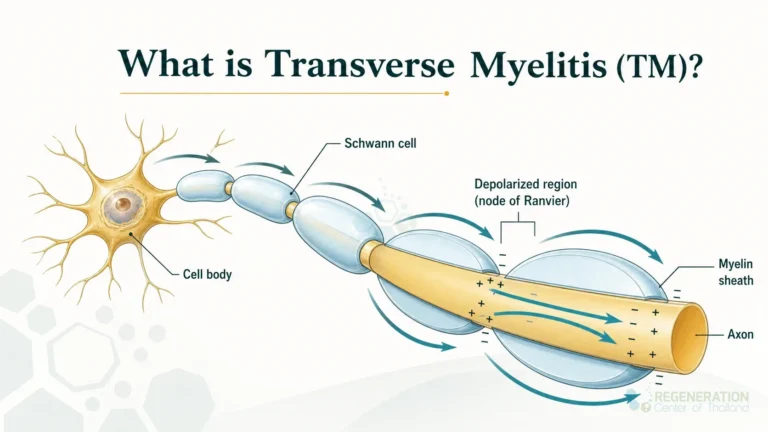 Diagram showing anatomy and signal conduction along a myelinated axon for Spine Inflammation & Stem Cell Therapy for Transverse Myelitis.
