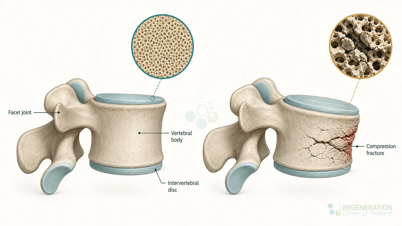 Diagram comparing an intact vertebra with a high impact spinal compression fracture for Stem Cell Therapy for Burst Fracture & Spinal Compression Injury