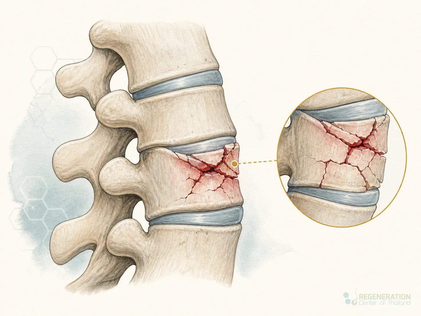 Three dimensional illustration of a burst fracture in a vertebra for Stem Cell Therapy for Burst Fracture & Spinal Compression Injury