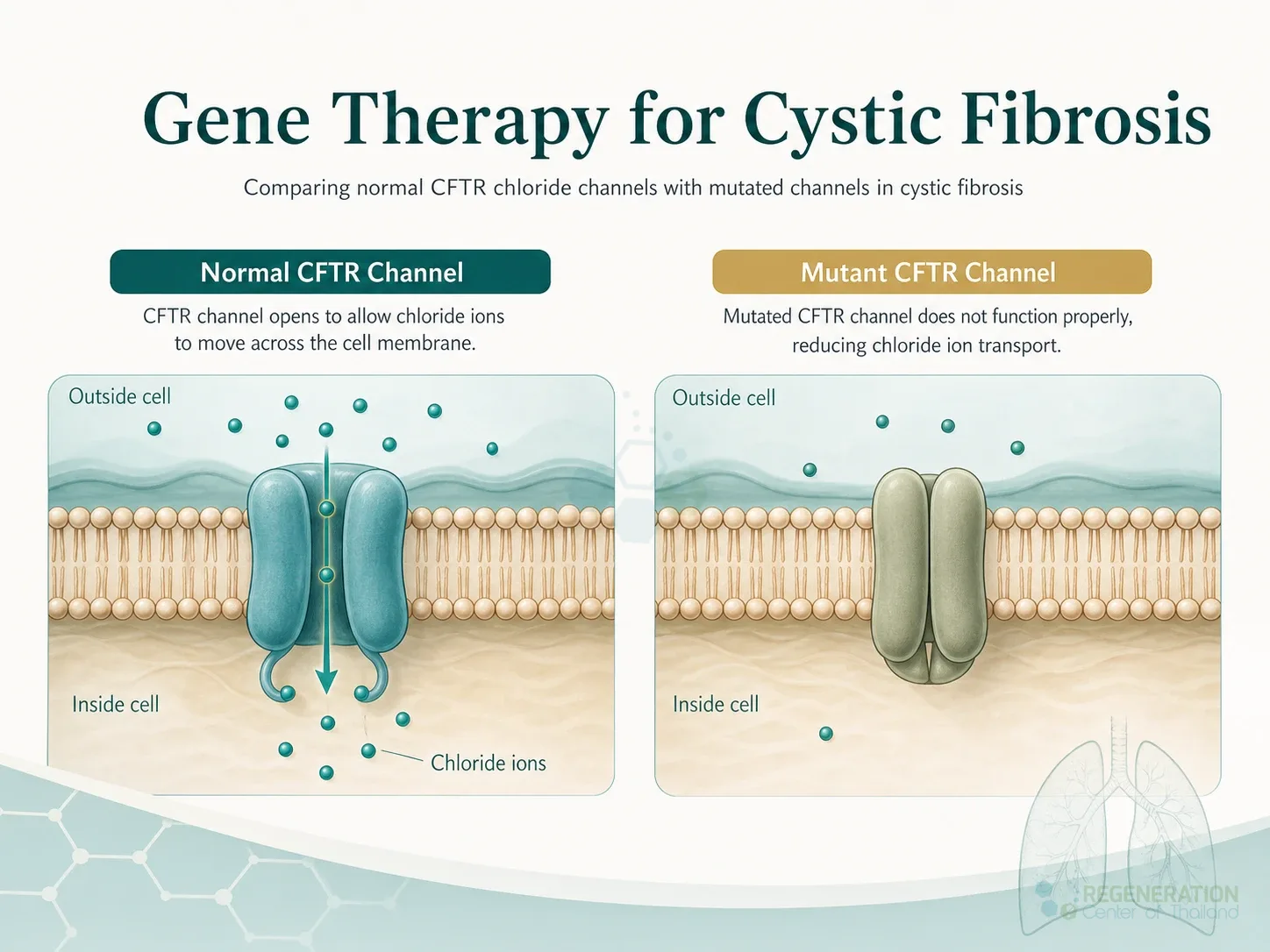 Diagram comparing normal CFTR chloride channels with mutated channels in cystic fibrosis for Stem Cell Therapy for Cystic Fibrosis & CFTR Mediators.