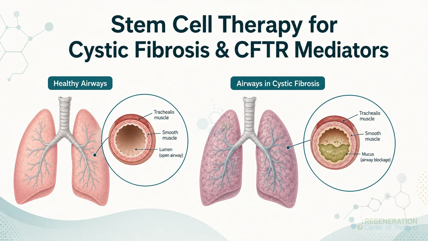 Diagram comparing healthy airways with mucus-obstructed airways in cystic fibrosis for Stem Cell Therapy for Cystic Fibrosis & CFTR Mediators.