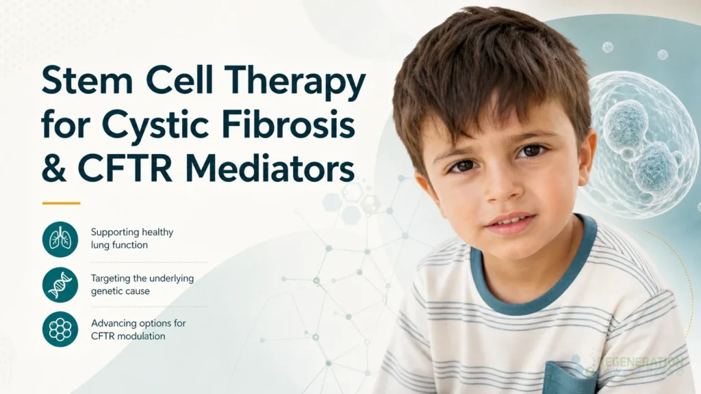 Patient and child in a cell therapy banner for cystic fibrosis for Stem Cell Therapy for Cystic Fibrosis & CFTR Mediators.