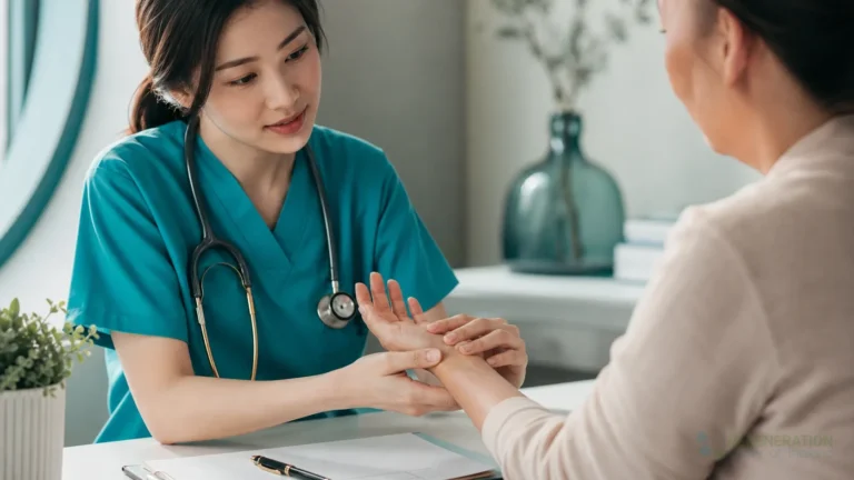 Clinician supporting a patient during an individualized health consultation for Stem Cell Therapy for Hand Injuries & Wrist Arthritis
