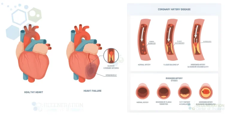 Diagram comparing a healthy heart with heart failure and showing coronary artery narrowing from plaque buildup