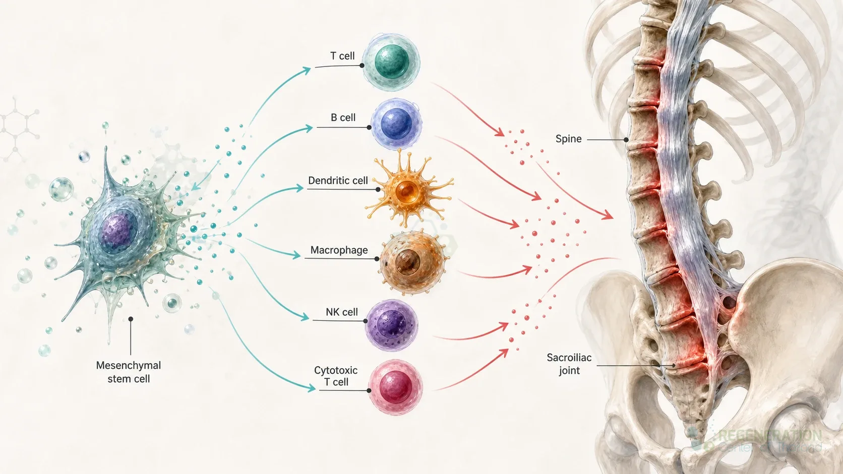 Diagram connecting immune signaling pathways with ankylosing spondylitis for Stem Cell Treatment for Ankylosing Spondylitis – AS