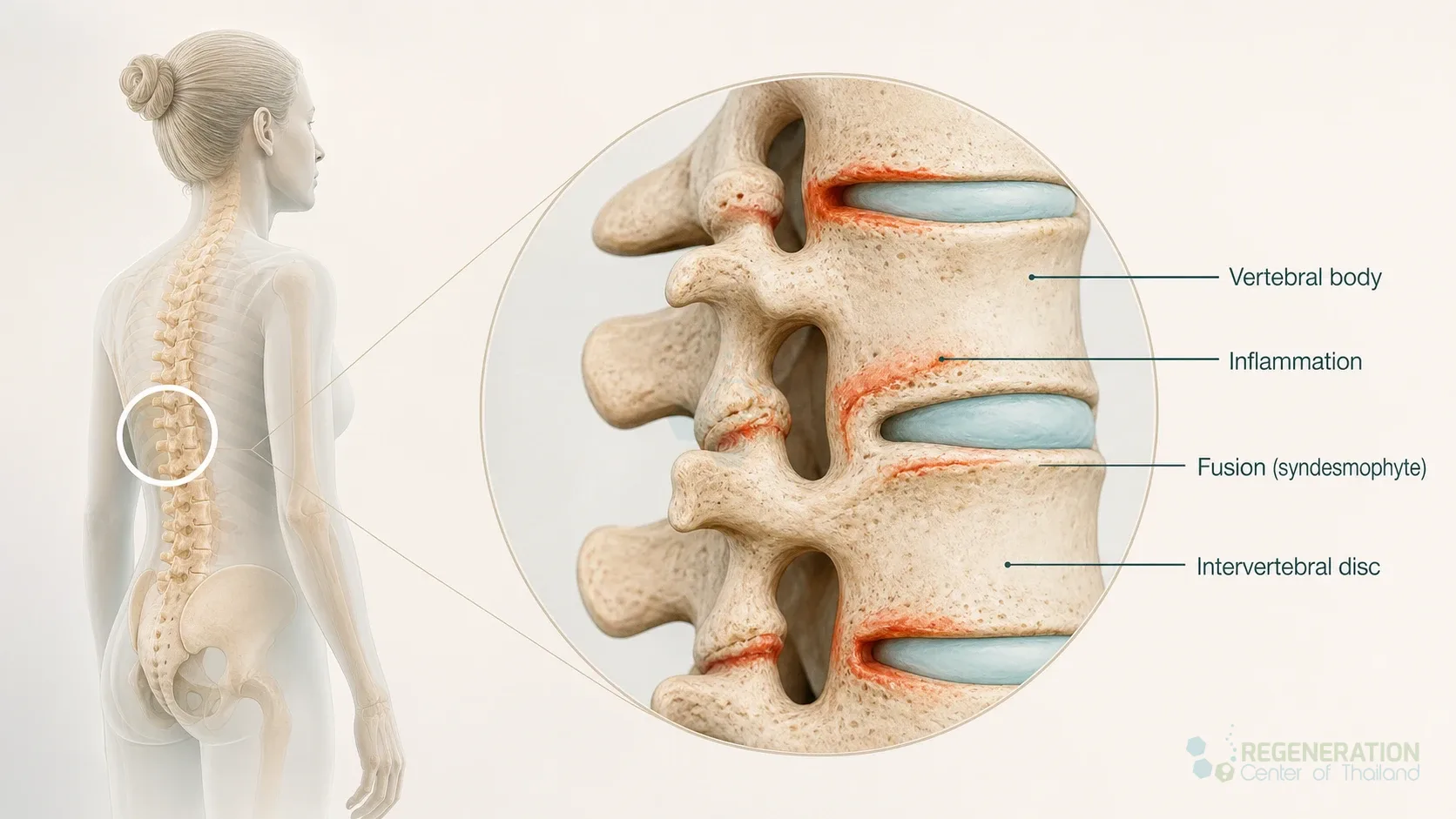 Diagram of spinal changes associated with ankylosing spondylitis for Stem Cell Treatment for Ankylosing Spondylitis – AS