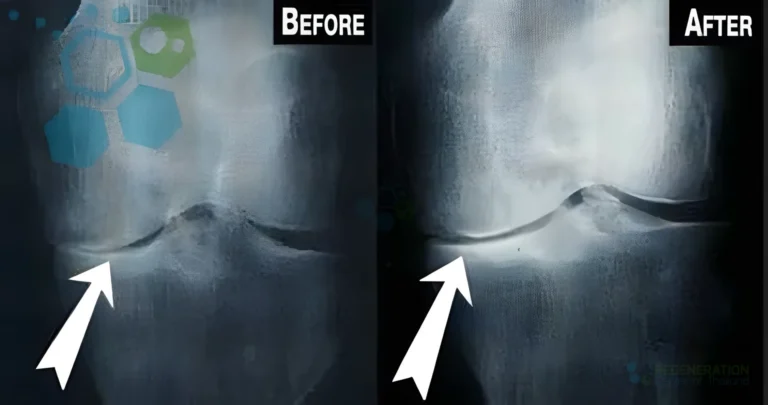 Before-and-after knee radiographs highlighting differences in the joint space
