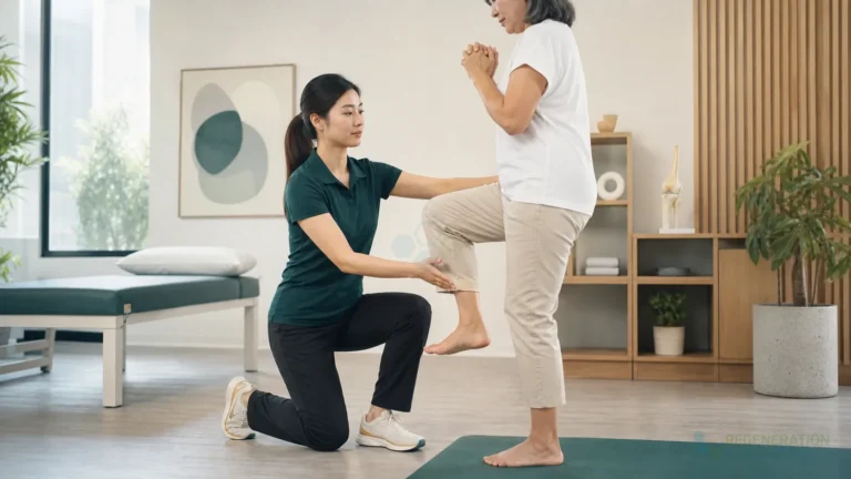 Physical therapist guiding an older patient through a supported leg exercise for Stem Cell Treatment for Osteoarthritis & Gout Arthritis Therapy.