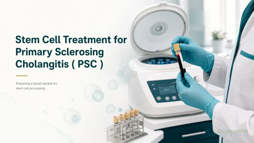 Gloved laboratory professional preparing a blood sample beside a centrifuge for Stem Cell Treatment for Primary Sclerosing Cholangitis ( PSC ).