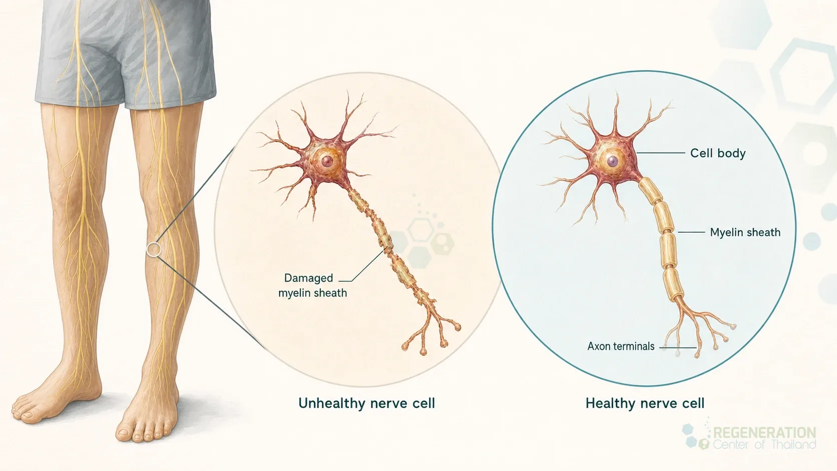 Diagram comparing unhealthy and healthy peripheral nerve cells for Stem Cells for Peripheral Neuropathy & Polyneuropathy