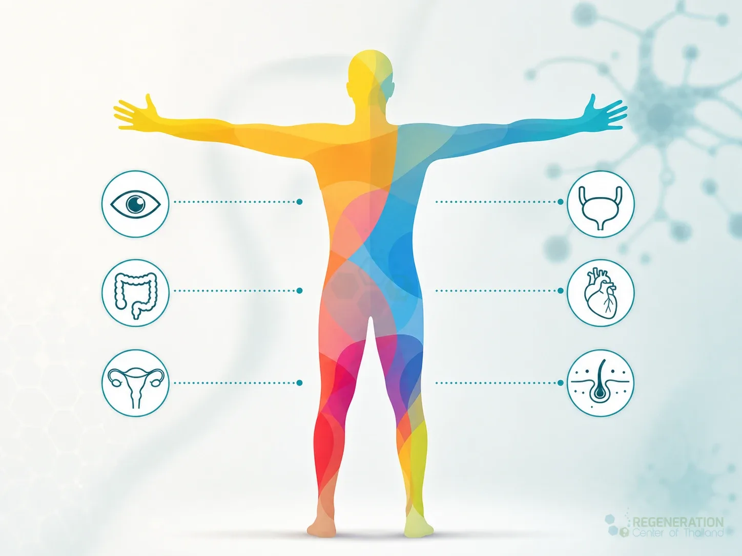 Infographic highlighting six body systems affected by peripheral neuropathy for Stem Cells for Peripheral Neuropathy & Polyneuropathy