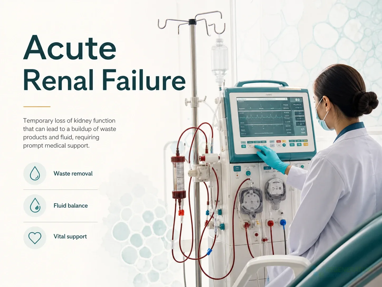 Clinician monitoring a hemodialysis machine in a hospital treatment area for Stem Cells Therapy for Kidney Disease CKD AKI Renal Regeneration.