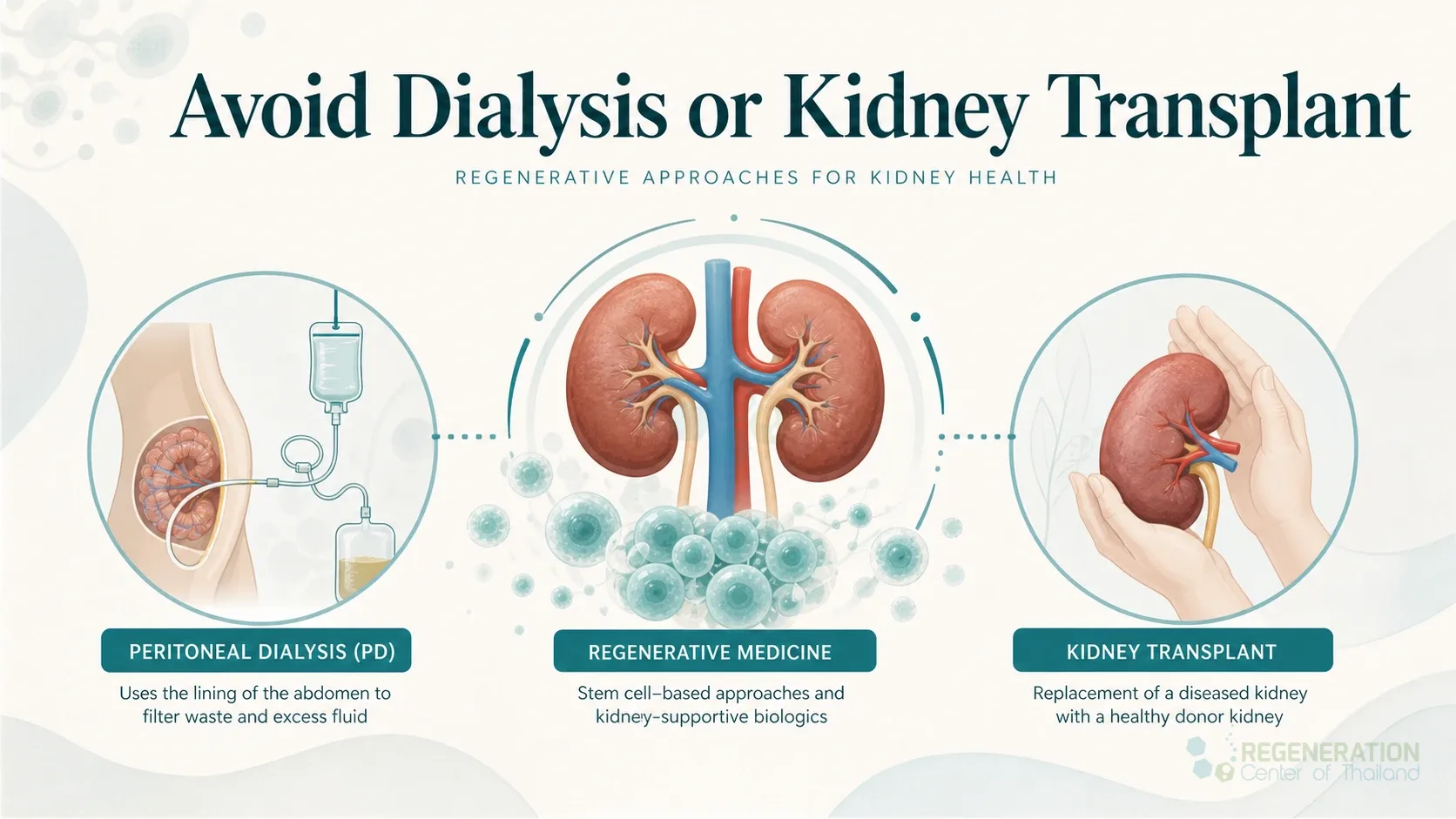Illustration summarizing peritoneal dialysis, kidney transplantation and regenerative medicine approaches for Stem Cells Therapy for Kidney Disease CKD AKI Renal Regeneration.