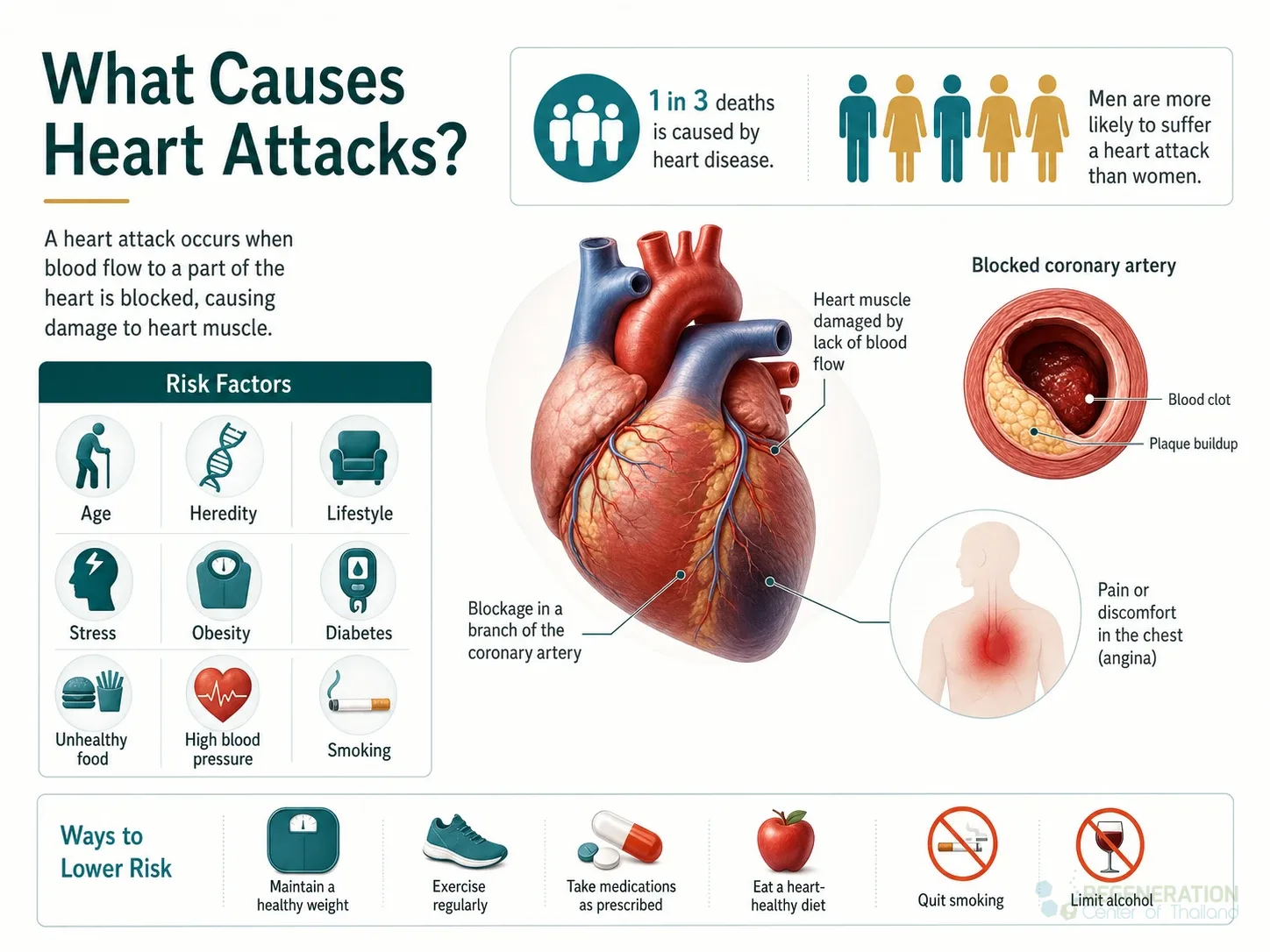 Infographic summarizing heart attack causes, symptoms and risk factors for UC-MSC+ Cardiopoietic Stem Cell Therapy After Heart Attacks – MI.