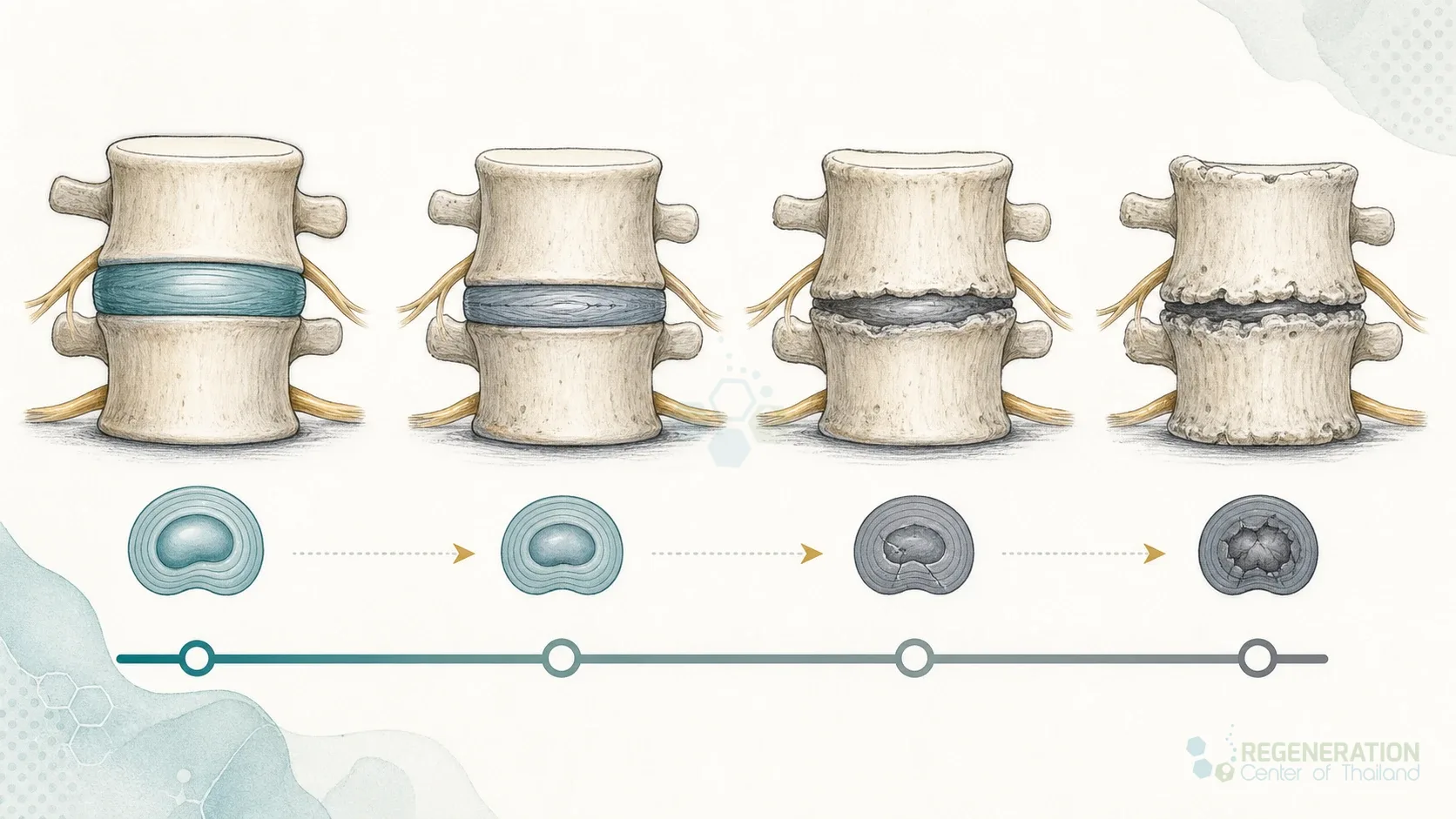 Four-stage illustration of progressive intervertebral disc degeneration for UC-MSC Stem Cell Therapy for Degenerative Disc Disease.