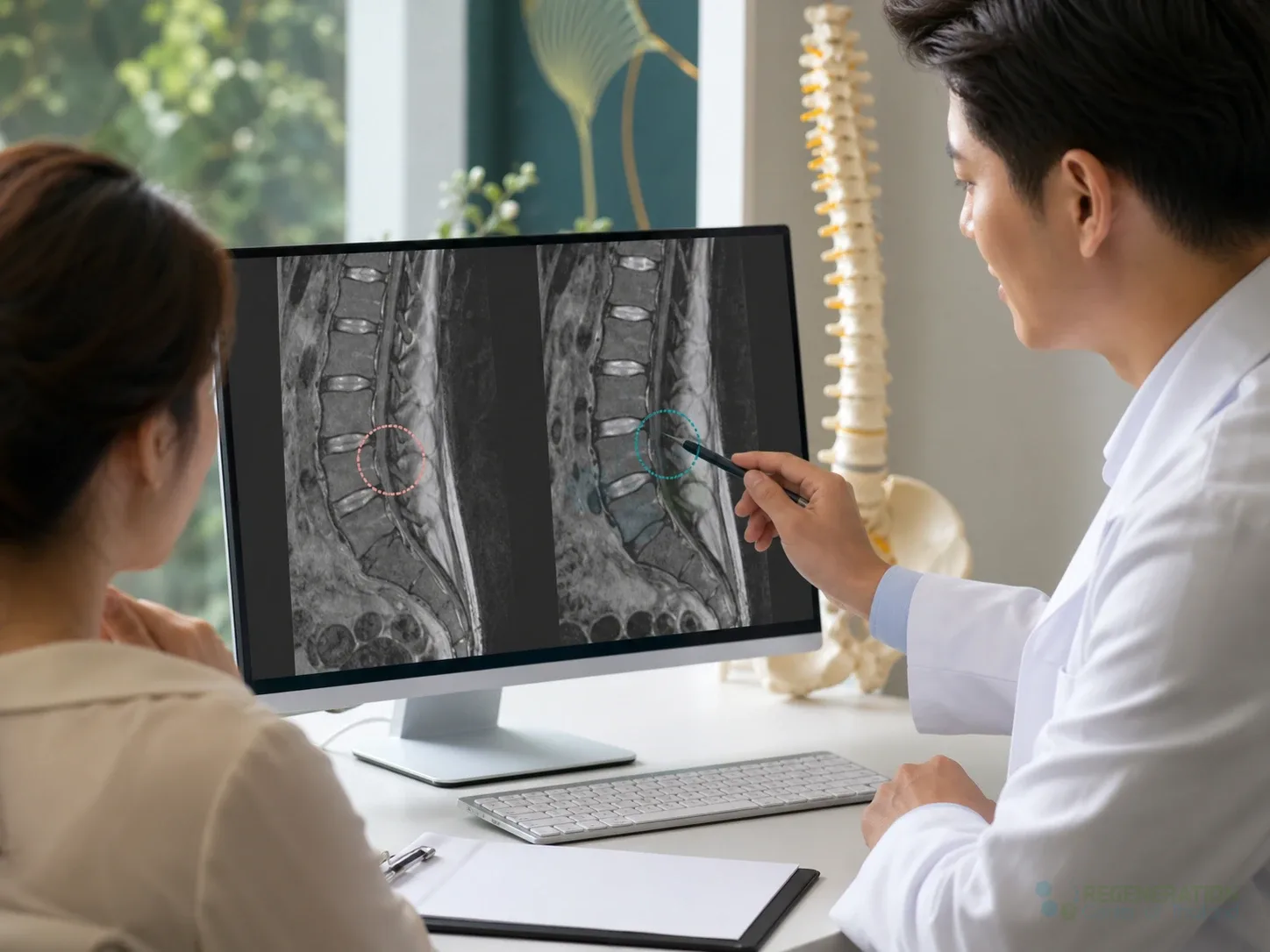 Before-and-after lumbar MRI scans used to assess a spinal disc treatment for UC-MSC Stem Cell Therapy for Degenerative Disc Disease.