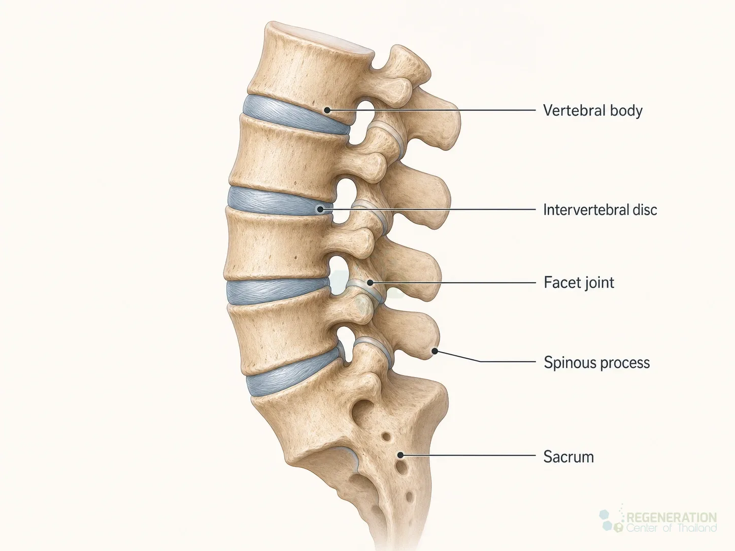 Lumbar spine diagram comparing normal, degenerated, bulging, herniated and thinning discs for UC-MSC Stem Cell Therapy for Degenerative Disc Disease.