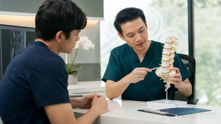 Doctor explaining the lumbar spine to a patient using an anatomical model for UC-MSC Stem Cell Therapy for Degenerative Disc Disease.