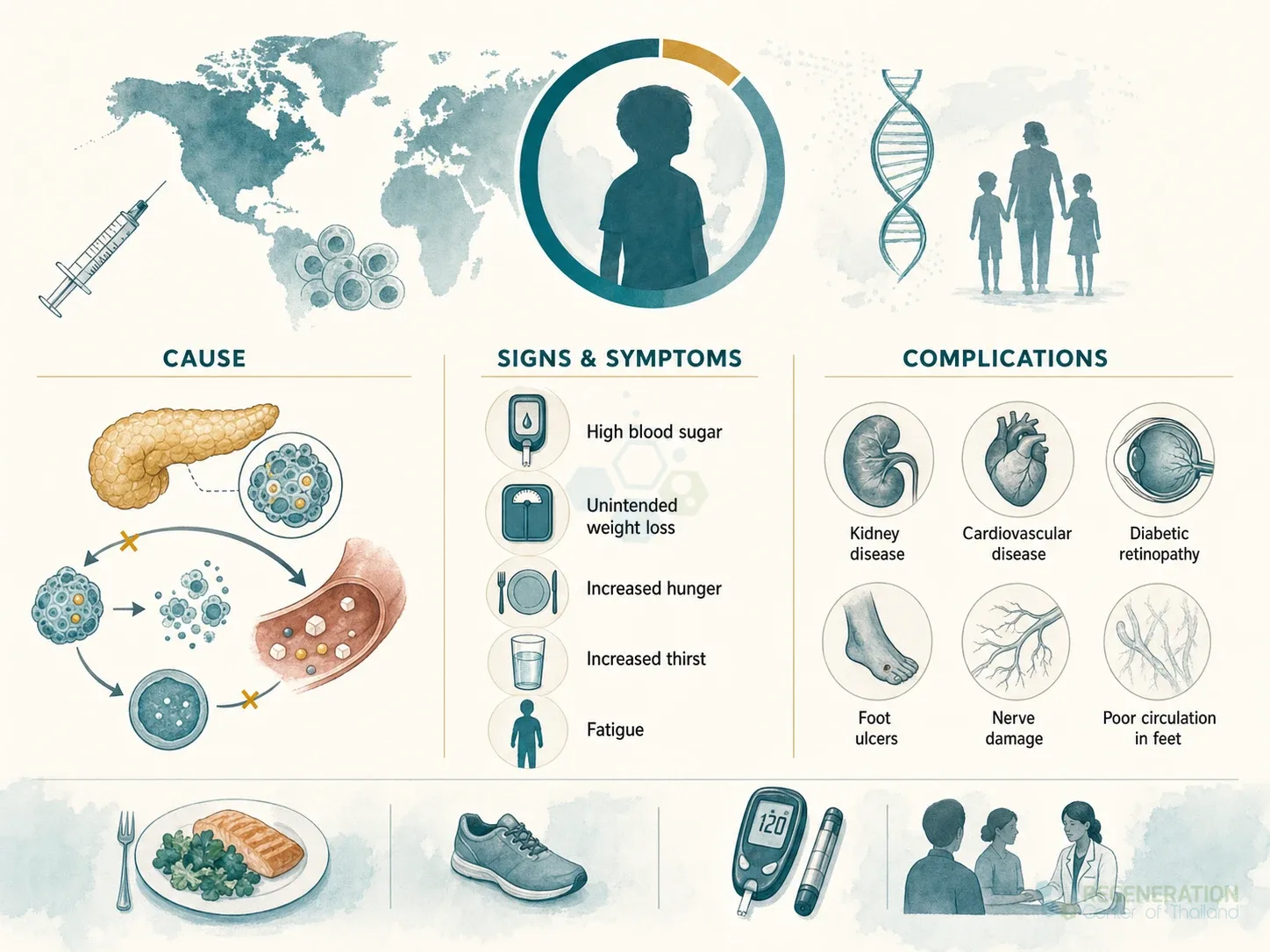 Infographic summarizing type 1 diabetes causes, symptoms and complications for UC-MSC Stem Cell Therapy for Type 1 Diabetes.