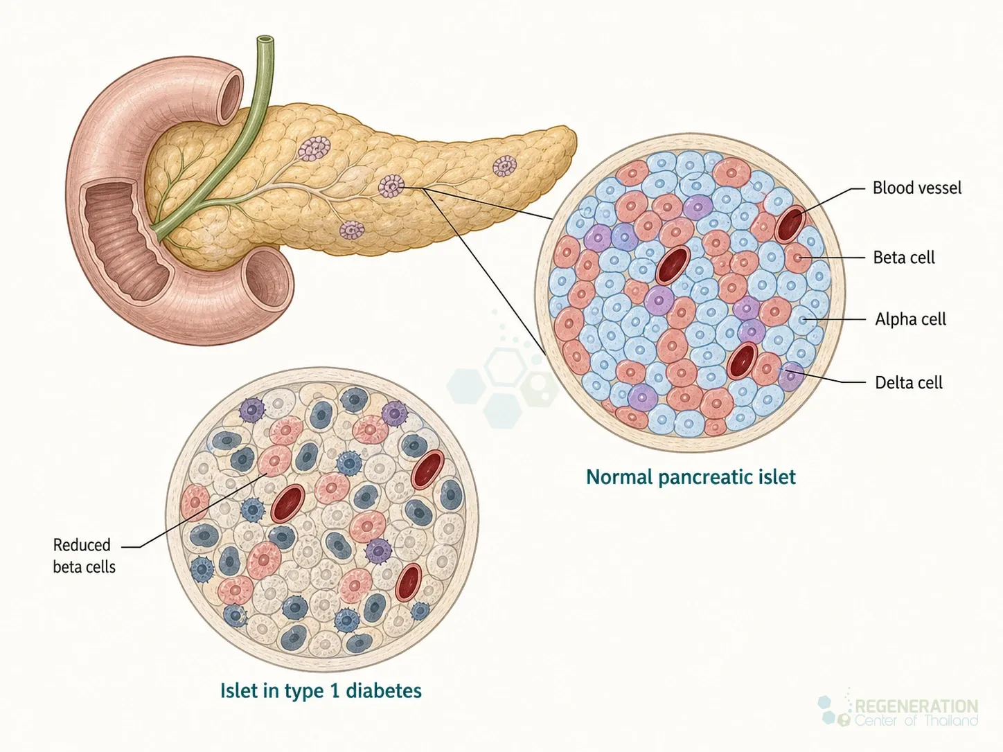 Diagram comparing a normal pancreatic islet with beta cell loss in type 1 diabetes for UC-MSC Stem Cell Therapy for Type 1 Diabetes.