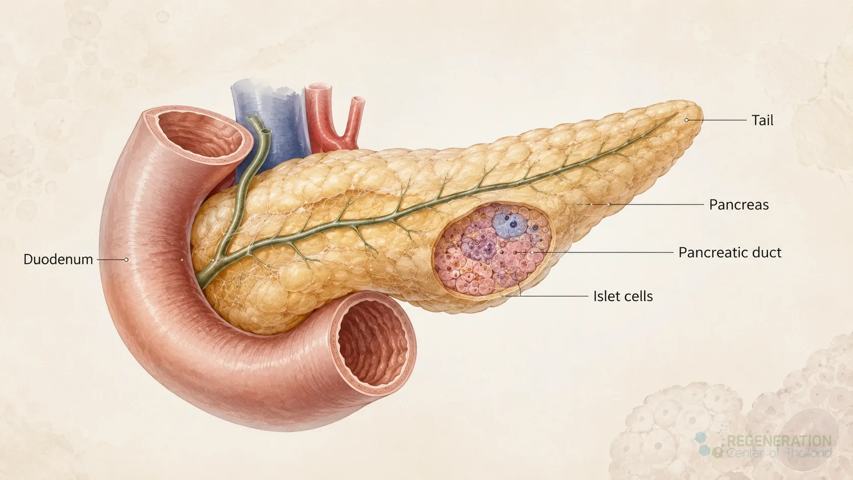 Diagram showing pancreatic cell differentiation and endocrine progenitor development