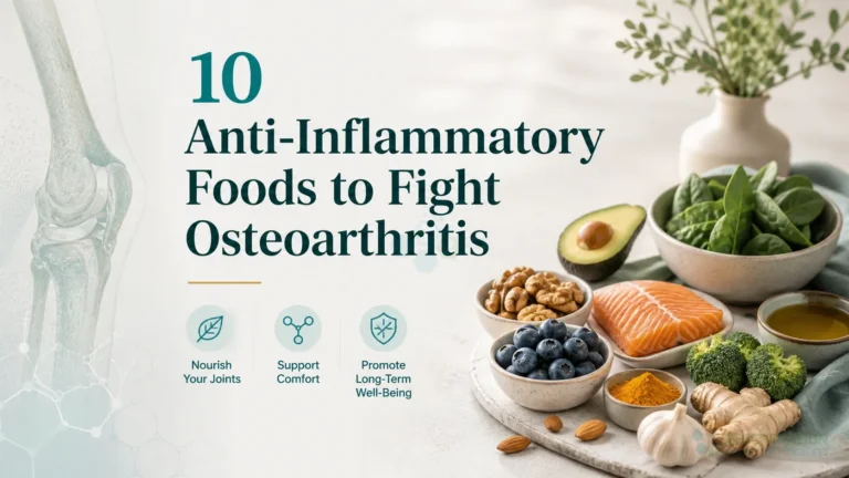 Cover graphic introducing ten anti-inflammatory foods for osteoarthritis for 10 Anti-Inflammatory Foods to Fight Osteoarthritis.