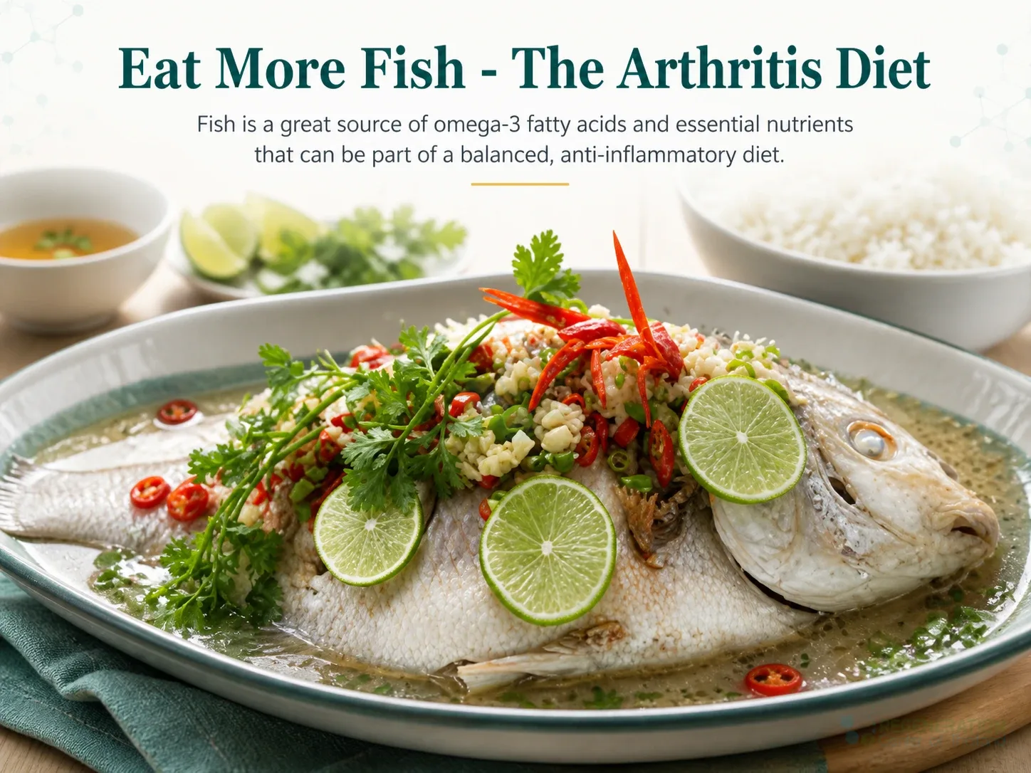 Thai steamed fish served with chilli, lime and fresh herbs for 10 Anti-Inflammatory Foods to Fight Osteoarthritis.