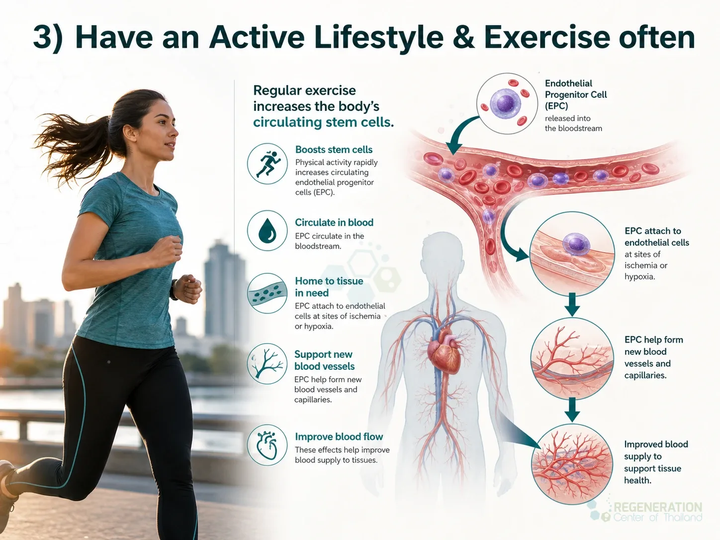 Clean clinical illustration for 3) Have an Active Lifestyle & Exercise often with concise explanatory text.