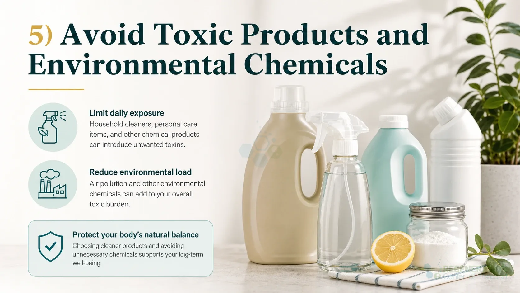 Clean clinical illustration for 5) Avoid Toxic Products and Environmental Chemicals with concise explanatory text.