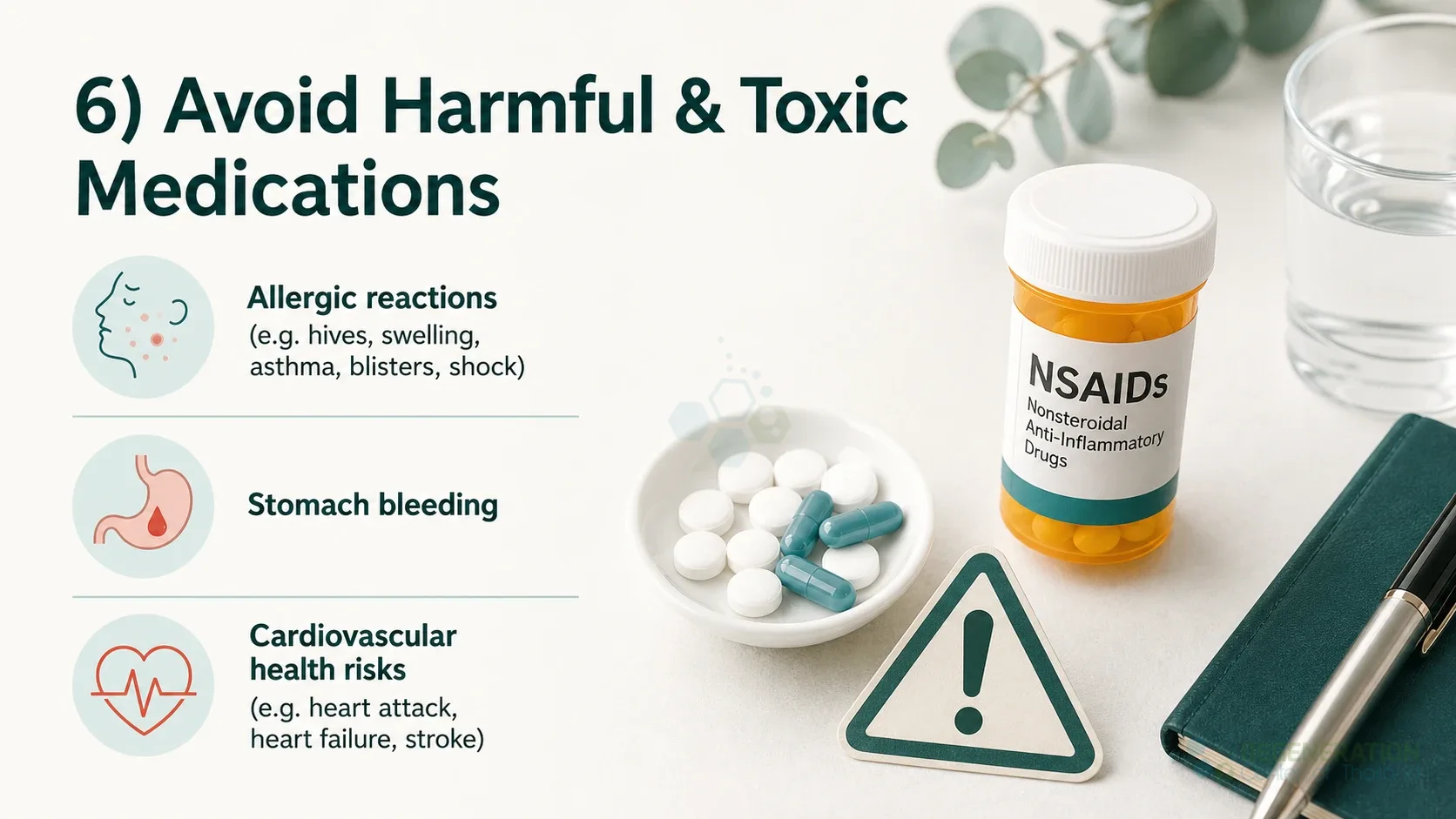 Clean clinical illustration for 6) Avoid Harmful & Toxic Medications with concise explanatory text.