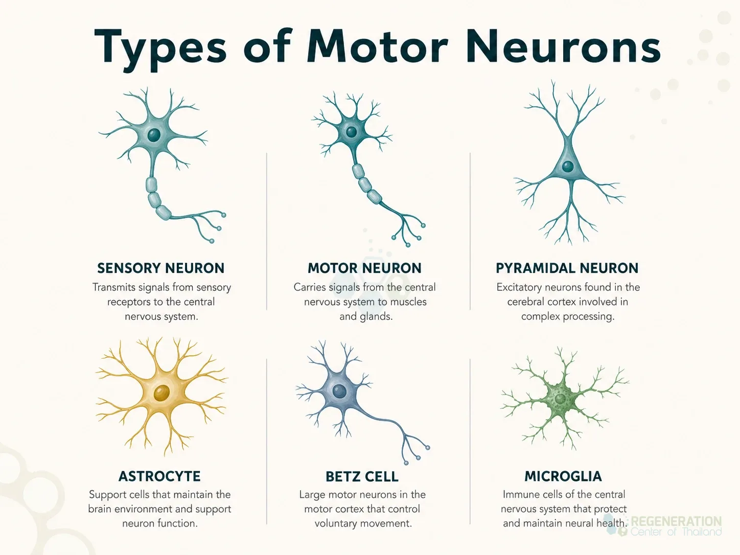 Clean clinical illustration for Types of Motor Neurons with concise explanatory text.