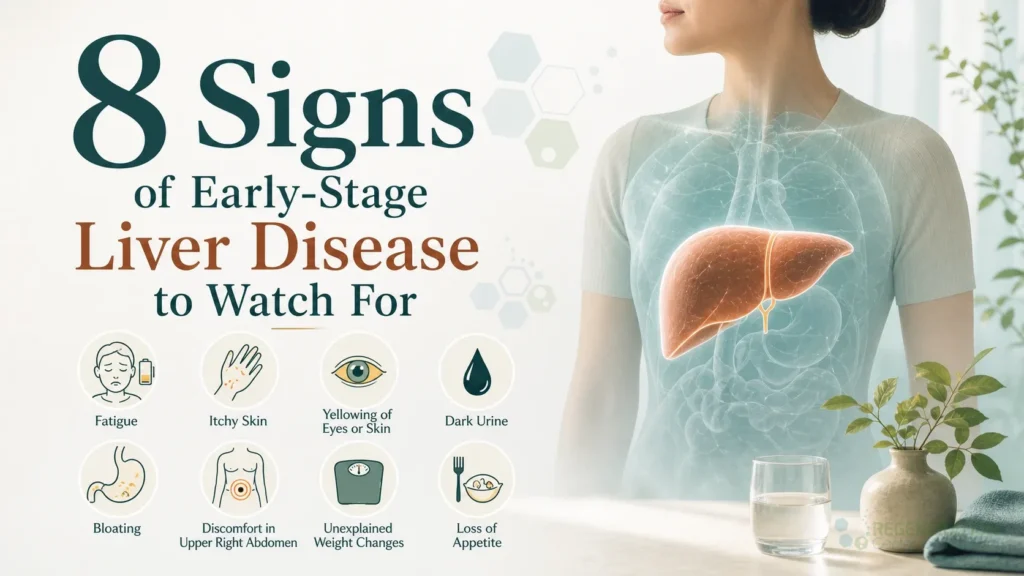 Clean clinical illustration for 8 Signs of Early-Stage Liver Disease to Watch For with concise explanatory text.