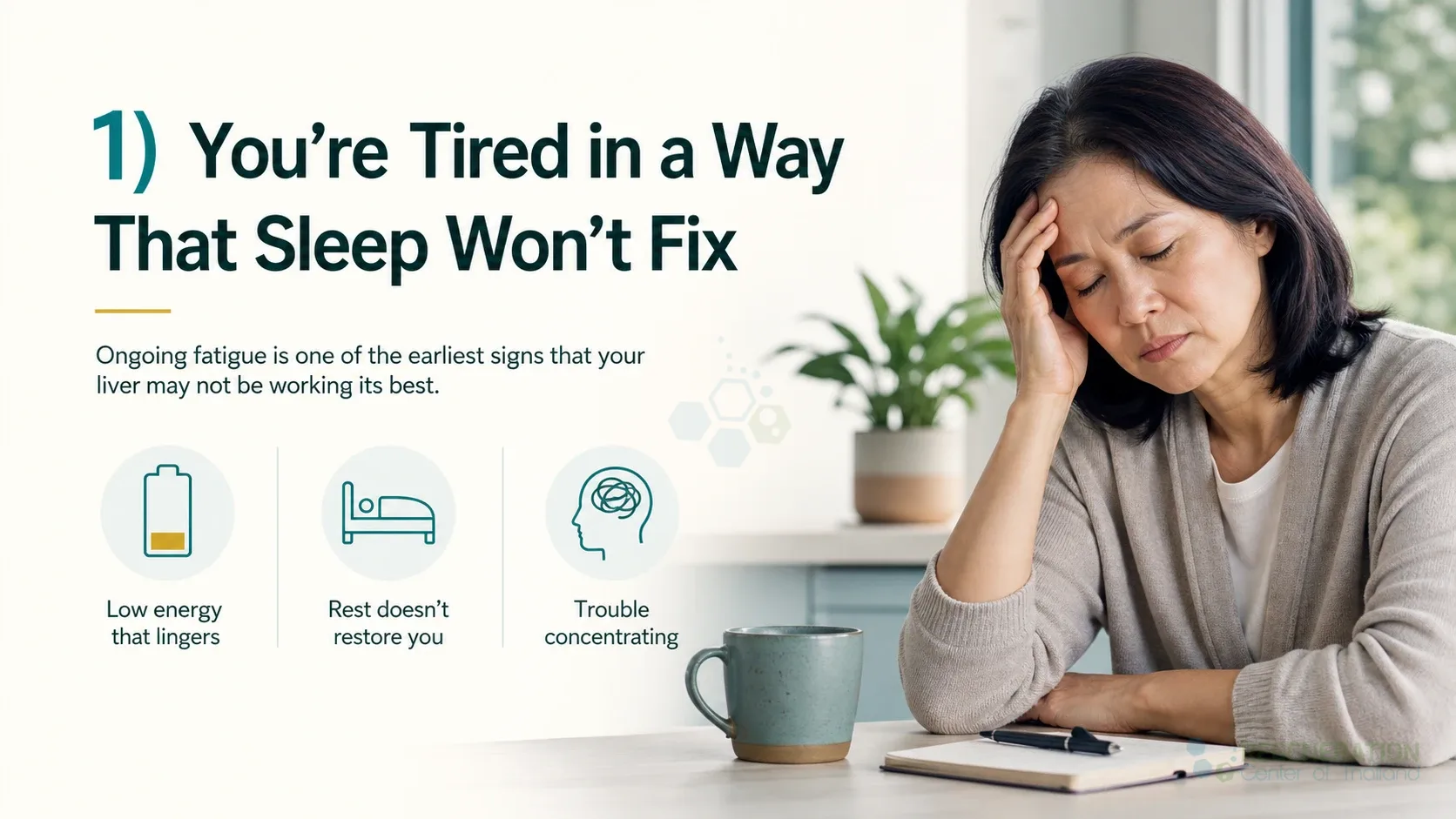 Clean clinical illustration for 1) You're Tired in a Way That Sleep Won't Fix with concise explanatory text.