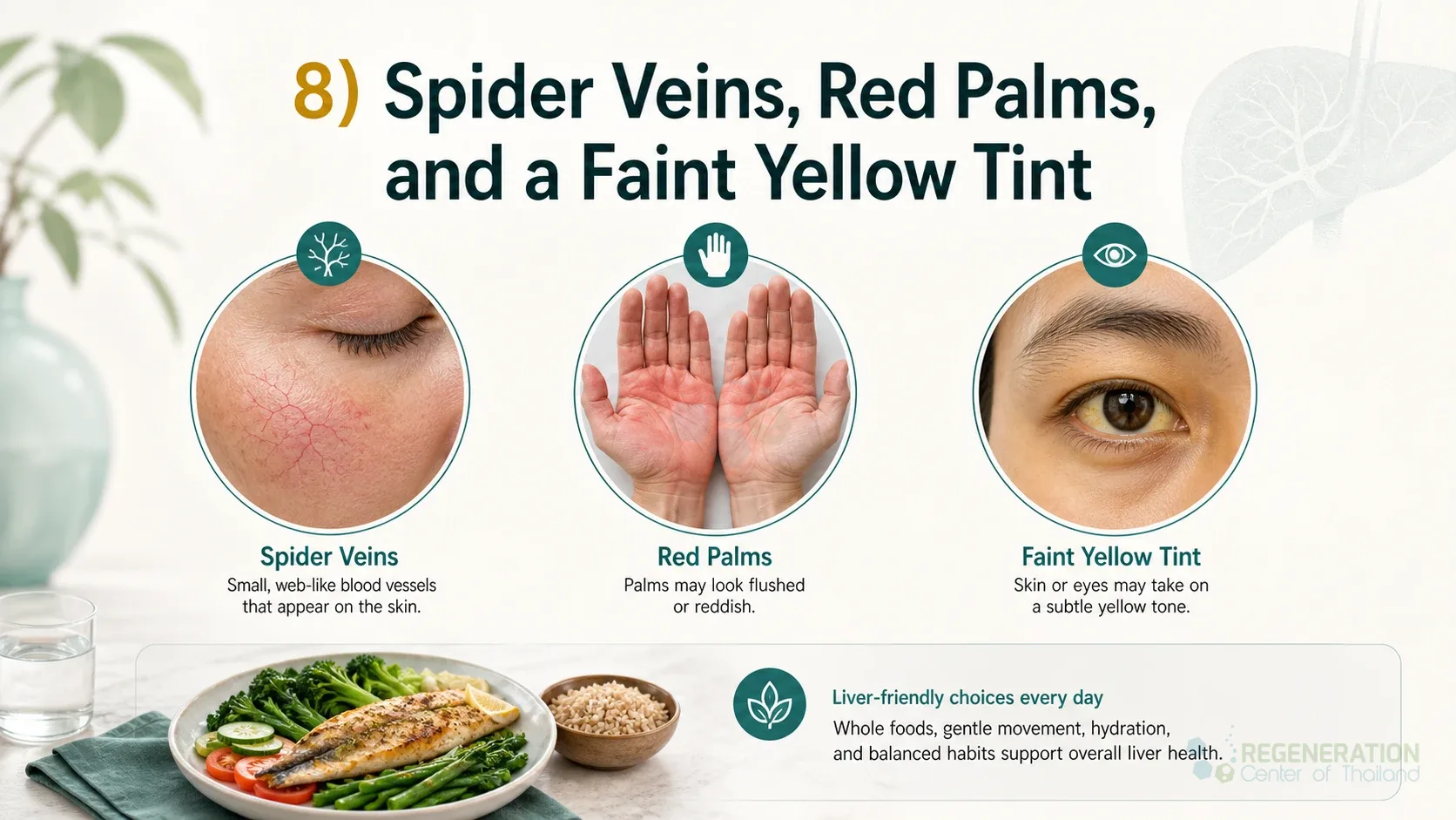 Clean clinical illustration for 8) Spider Veins, Red Palms, and a Faint Yellow Tint with concise explanatory text.