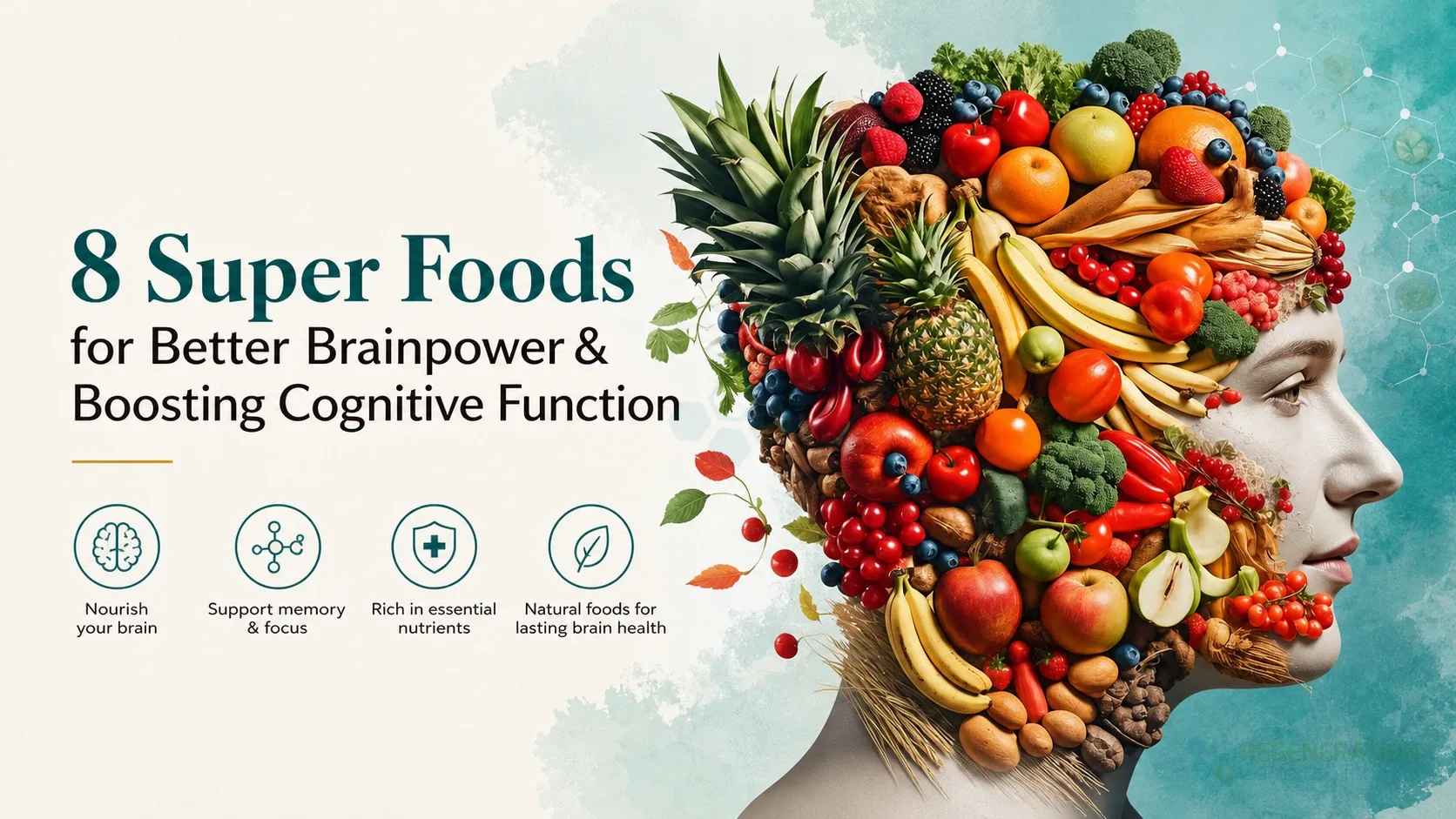 Editorial illustration for 8 Super Foods for Better Brainpower & Boosting Cognitive Function, including the authored section headline.