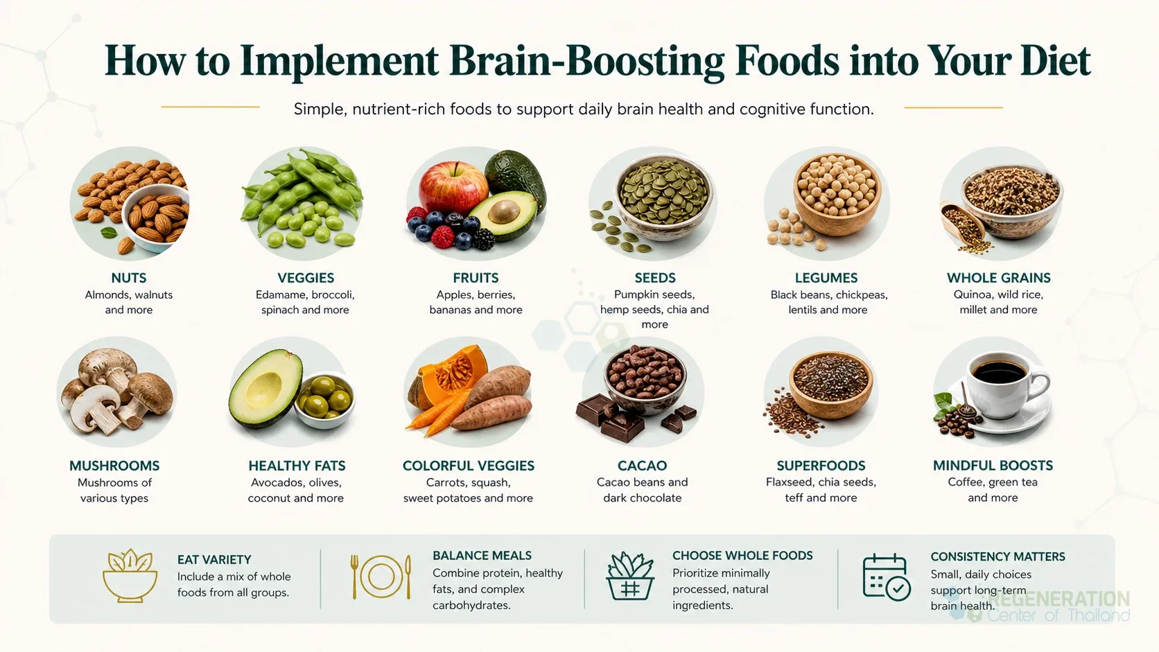 Clean clinical illustration for How to Implement Brain-Boosting Foods into Your Diet with concise explanatory text.