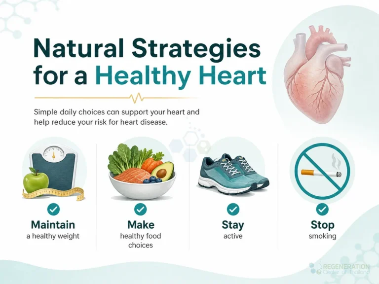 Infographic listing healthy weight, diet, exercise and smoking cessation to reduce heart disease risk for An Overview of The Cardiovascular and Blood Circulatory System.