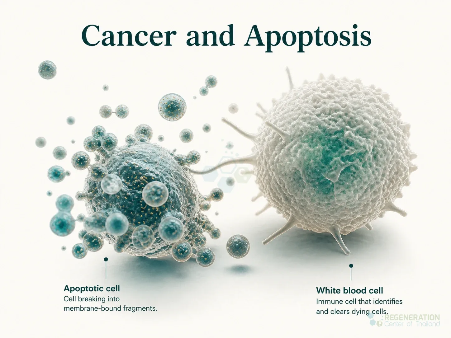 Illustration of an apoptotic cell beside a white blood cell during the final stage of apoptosis for Apoptosis and Programmed Cell Death “PCD”.