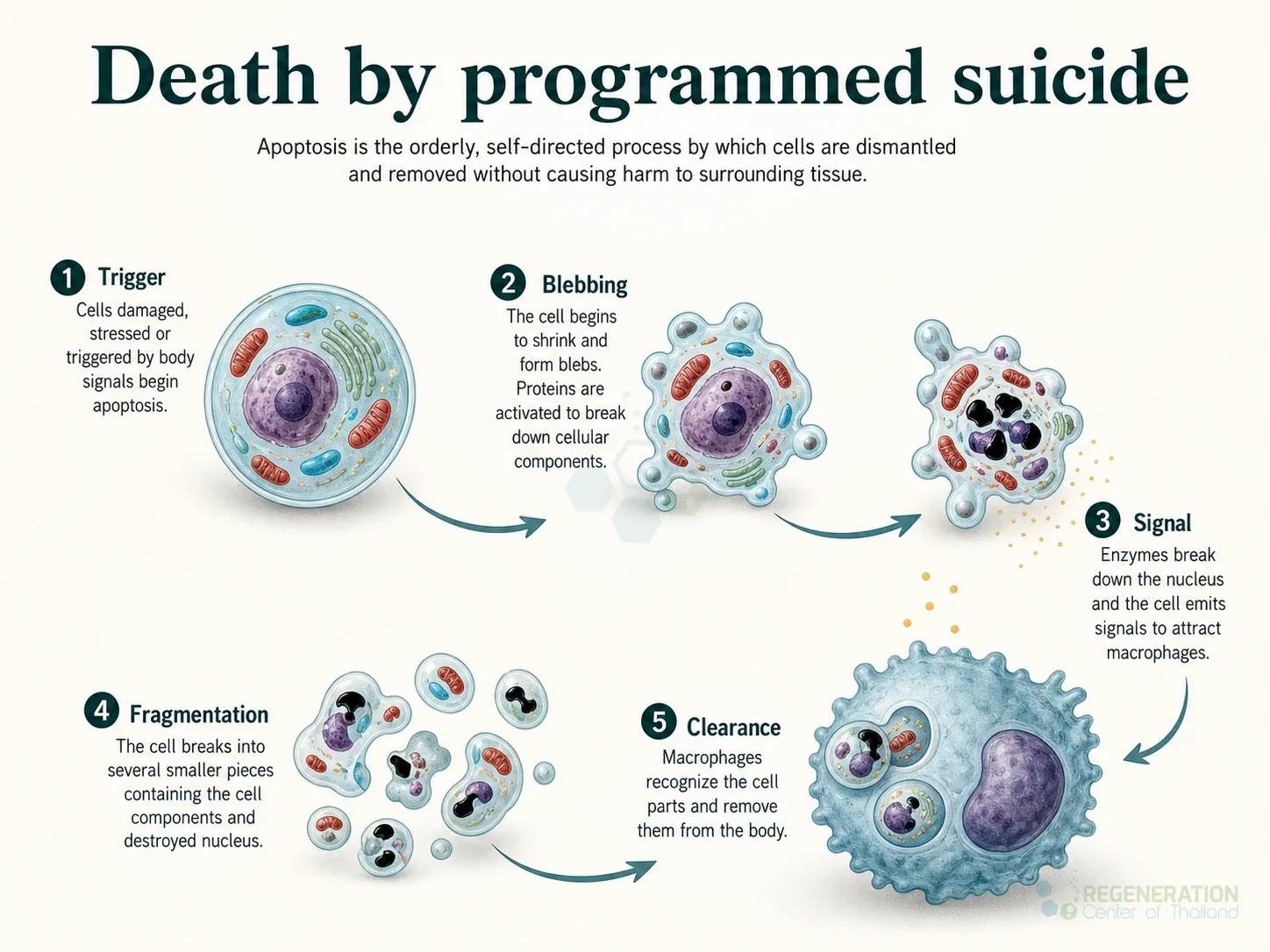 Apoptosis cycle diagram from cell damage through fragmentation and clearance by macrophages for Apoptosis and Programmed Cell Death “PCD”.