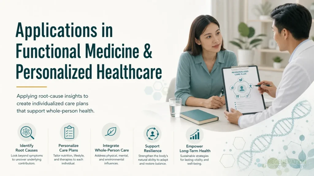 Clean clinical illustration for Applications in Functional Medicine & Personalized Healthcare with concise explanatory text.